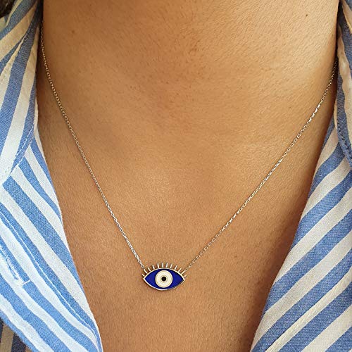 MYSTIC JEWELS by Dalia - Eye Necklace with Eyelashes - 925 Sterling Silver Enameled in Blue Color for Good Luck (925 Silver)