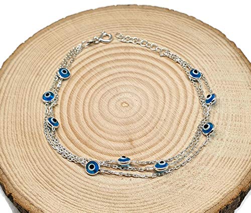 MYSTIC JEWELS Par Dalia - Bracelet mauvais œil en argent de 19 cm sur triple chaîne avec de petits yeux - Pour la bonne chance (bleu clair)