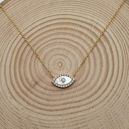 MYSTIC JEWELS by Dalia - Turkish Eye Pendant Necklace 925 Sterling Silver with Cubic Zirconia and Mother of Pearl (Golden)