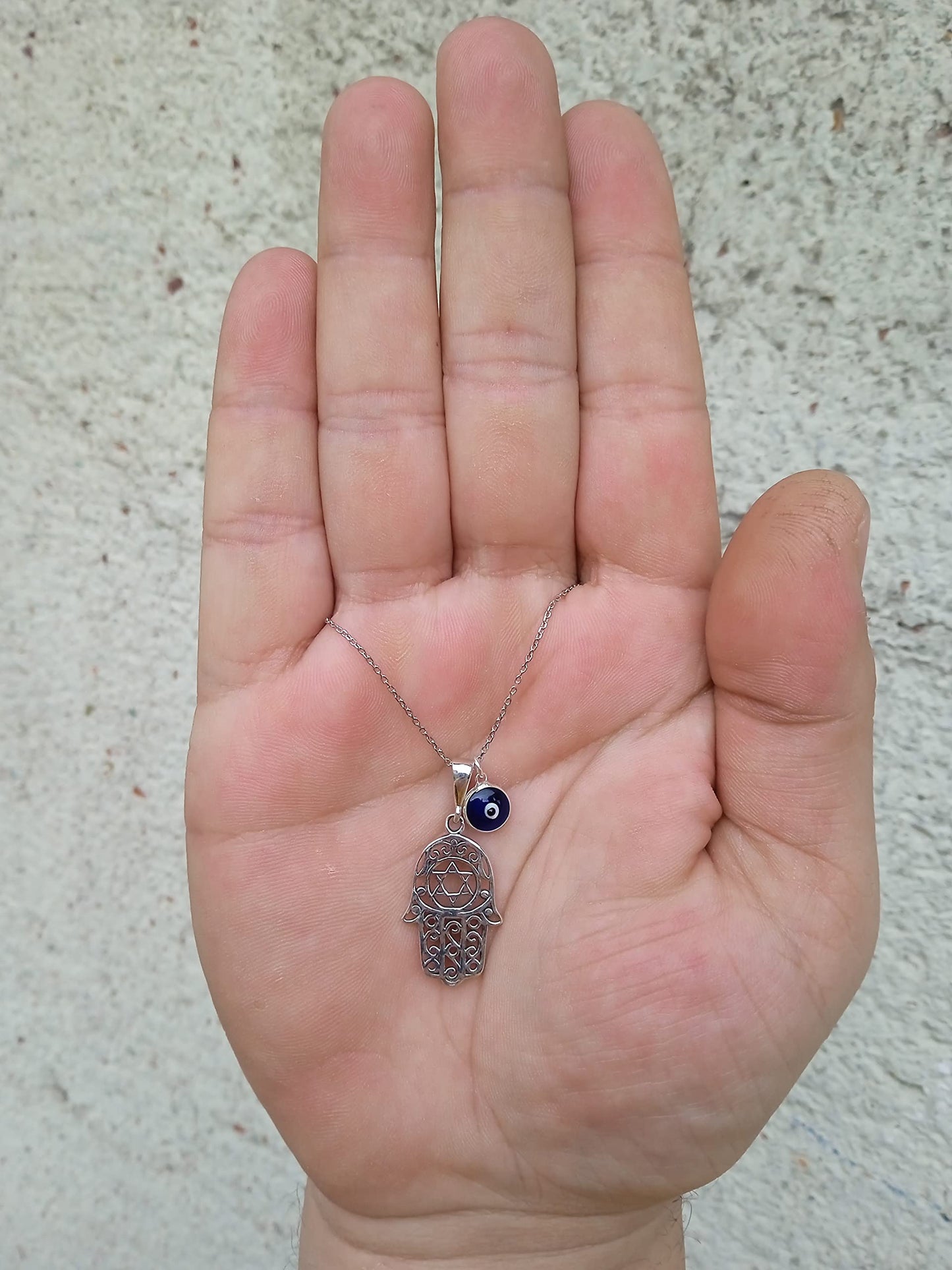 MYSTIC JEWELS By Dalia - Collier Hamsa en argent sterling 925 avec breloque mauvais œil de 7 mm pendante (étoile de David)