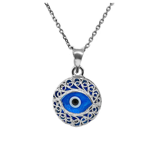Crystal and 925 Sterling Silver Evil Eye Necklace - Filigree Turkish Eye